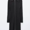 Midikleid mit geripptem Stoff und Reißverschluss vorne